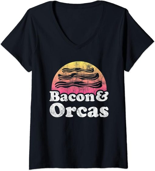 Womens Bacon and Orcas or Orca V-Neck T-Shirt