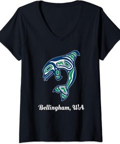 Womens Blue Green Native American Bellingham WA Orca Killer Whale V-Neck T-Shirt