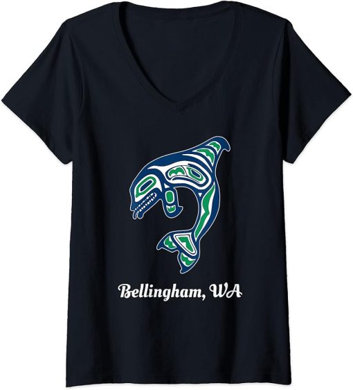 Womens Blue Green Native American Bellingham WA Orca Killer Whale V-Neck T-Shirt