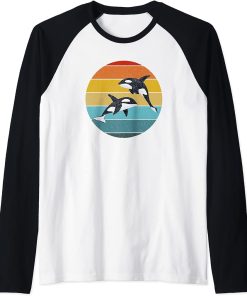 Orca twins retro vintage stripes jumping killer whale family Raglan Baseball Tee