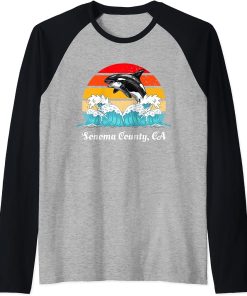 Vintage Sonoma County CA Distressed Orca Killer Whale Art Raglan Baseball Tee