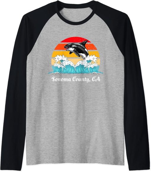 Vintage Sonoma County CA Distressed Orca Killer Whale Art Raglan Baseball Tee